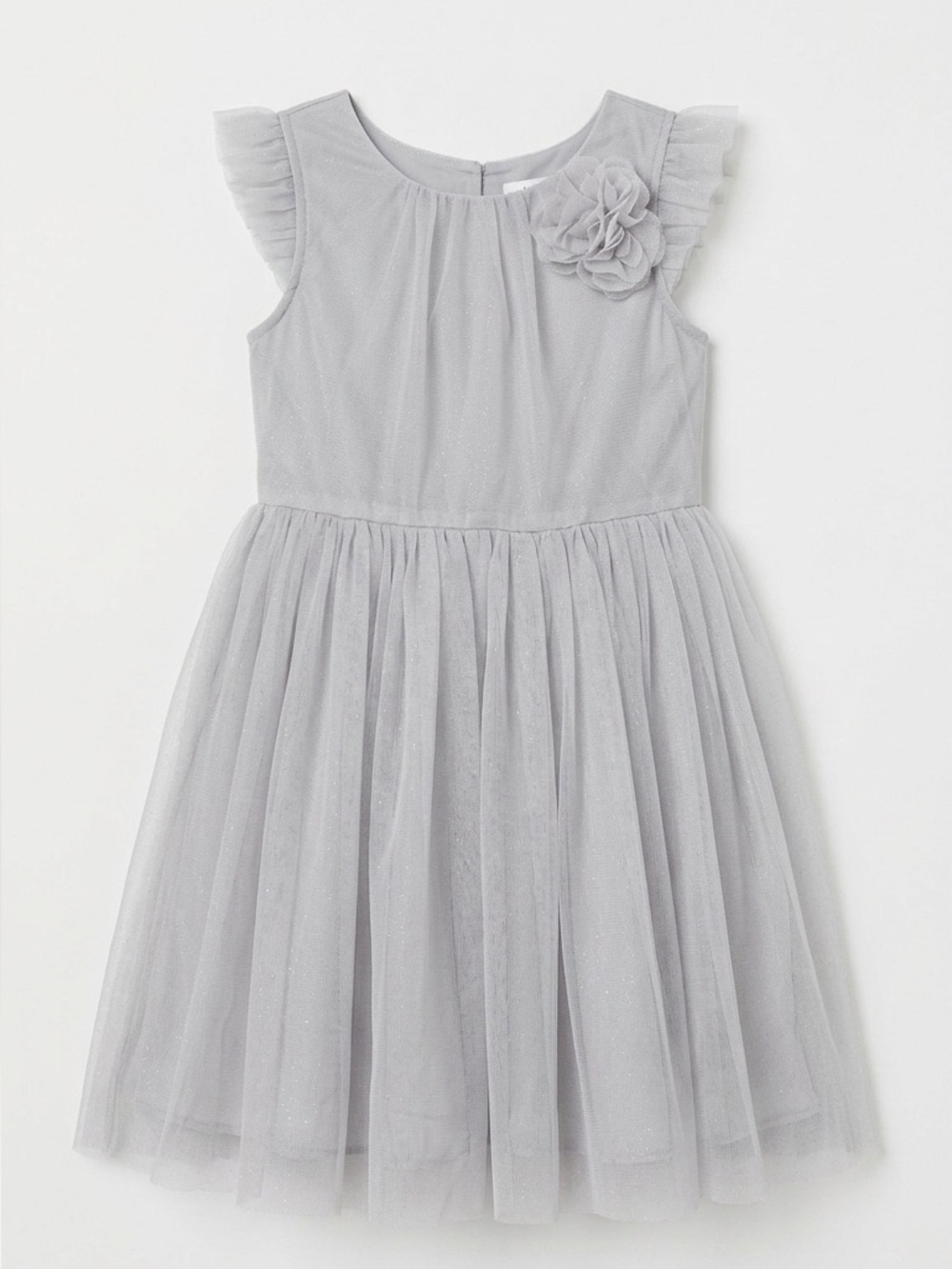H&M Girls Light Grey Shimmer Tulle Dress with Flower Accent 6/7